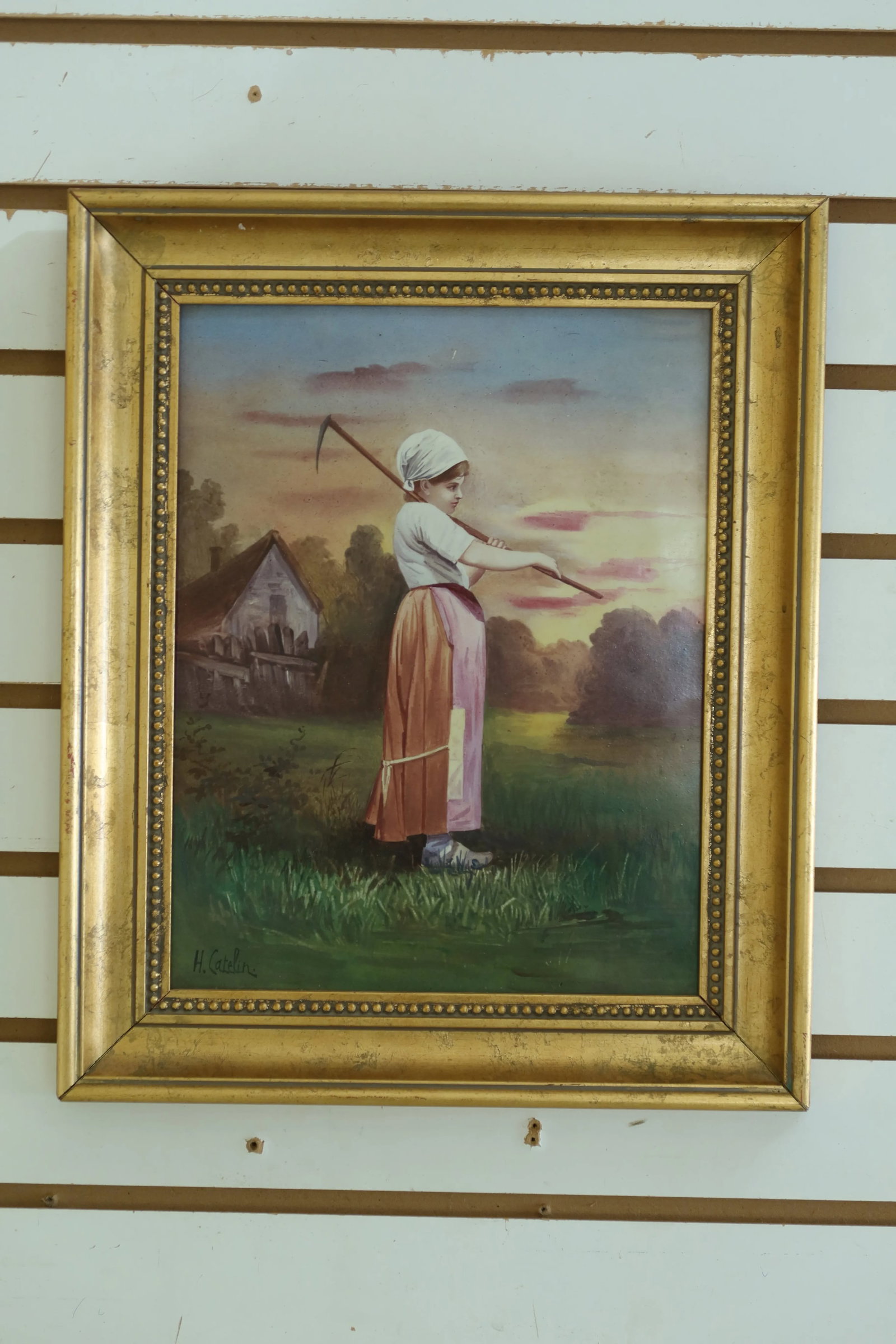 Vintage Painted Porcelain Plaque in Gold Gilt Frame - 7