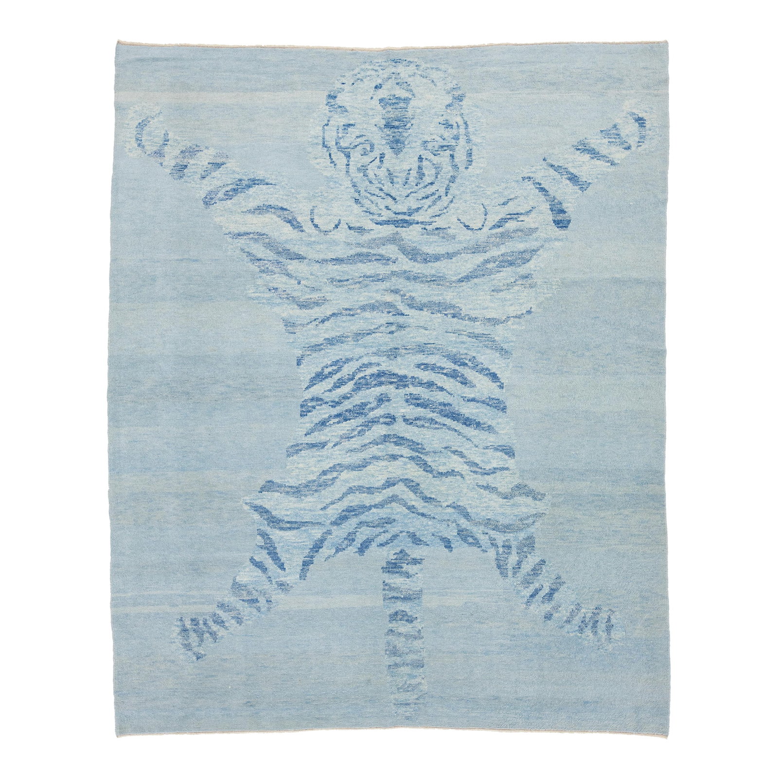 Handmade in Light Gray Modern Wool Rug With a Tiger Design: This beautiful Turkish Art Deco wool rug features a blue field with beige accents and a stunning pictorial design of a tiger. This rug measures 8'2" x 10'. Condition: Imperfections: No Imperfections