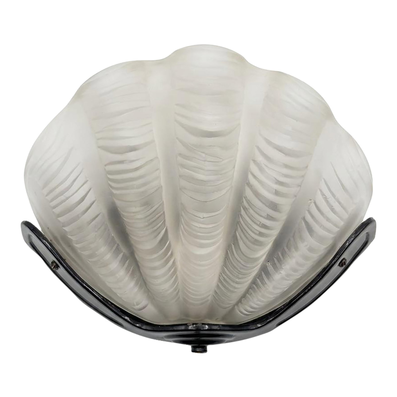 1980s Palm Beach Regency Rene Lalique Art Deco Style Frosted Glass Clamshell Sconce -: Presented by Turtle and Crane, this breathtaking 1981 Sarsaparilla Deco Designs sconce is a masterful 1980s Art Deco Revival tribute to the glamour of 1920s French glasswork. Styled after the iconic, 