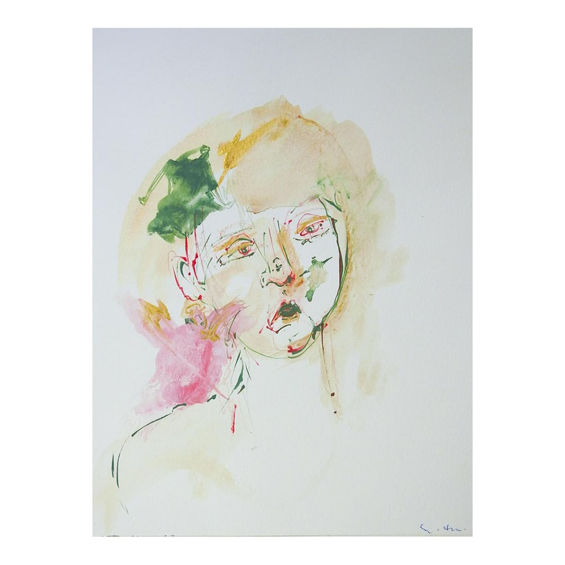 1998 Surreal Portrait Woman and Bird Painting: Modernist 1998 pink and green watercolor on paper portrait painting by Eva Bouzard-Hui (1936-2023) New Jersey. Signed lower right corner, titled "I Never Saw Anything Like it" on gallery label.