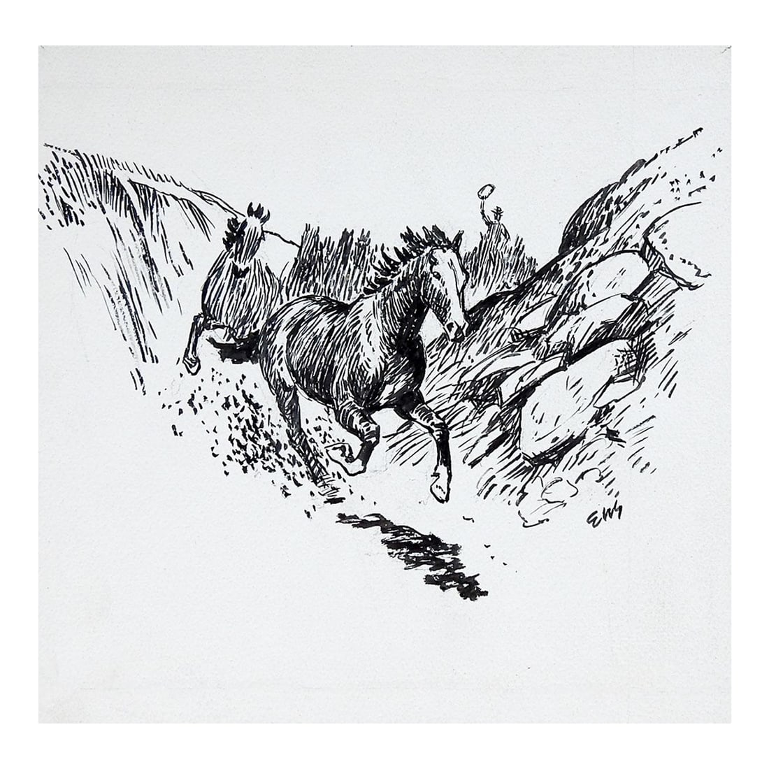 Mid 20th Century Eugene Shortridge Wild Horses Pen & Ink Western Drawing: Pen and ink on artist board of wild horses by Eugene Shortridge (1926-2014) well know western illustration artist. Signed lower right corner. Unframed, edge wear. Condition: Alterations: Original