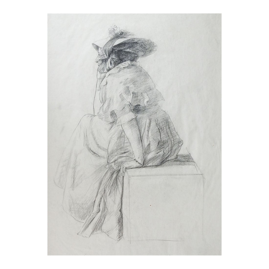 Late 19th Century Woman in Bonnet Portrait Drawing: Late 19th century pencil on thin paper study of seated woman in bonnet. , unsigned. Unframed, minor smudging. Condition: Alterations: Original Condition Unaltered Imperfections: Some Imperfections Con
