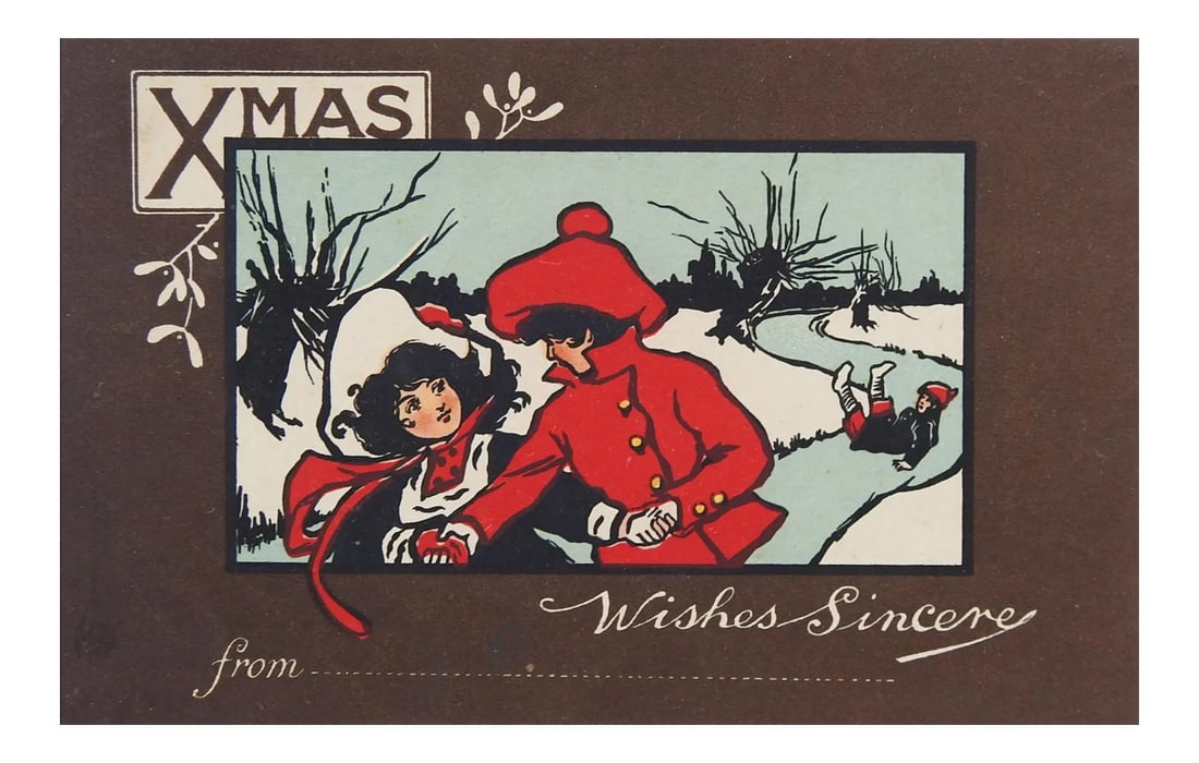 Antique Christmas Print Girls Ice Skating: Antique circa 1900 lithographed postcard. Christmas Wishes Sincere, two girls skating, winter landscape. Postmarked and addressed on verso. Unframed, surface and edge wear. Condition: Alterations: