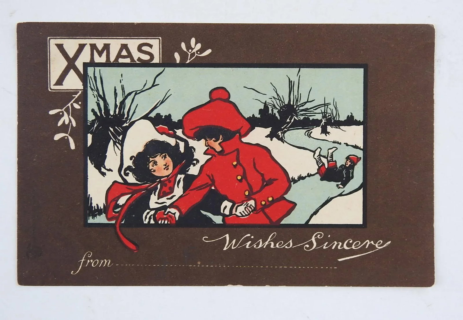 Antique Christmas Print Girls Ice Skating - 3