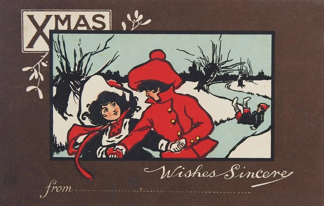 Antique Christmas Print Girls Ice Skating - 4