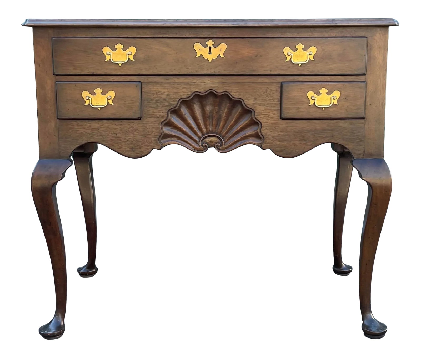 Kittinger Solid Mahogany Low Boy Dresser: A solid mahogany Queen Anne style low boy dresser or chest of drawers with cabriole legs and brass hardware by Kittinger. Condition: Alterations: Original Condition Unaltered Imperfections: Some Imper
