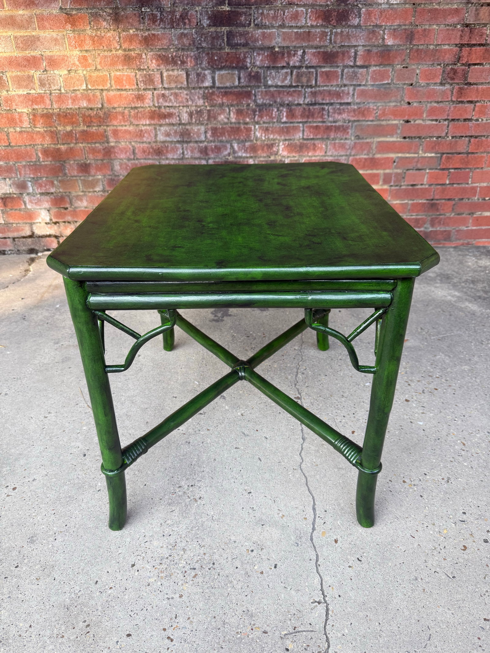 Vintage Mid Century Rattan Side Table With Deep Verdant Lacquer Finish - Newly Painted - 12