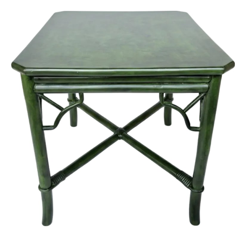 Vintage Mid Century Rattan Side Table With Deep Verdant Lacquer Finish - Newly Painted: Indulge in timeless elegance with this exquisite vintage rattan side table, expertly curated by Turtle and Crane. This piece is not merely furniture; it embodies a true work of decorative art that tra