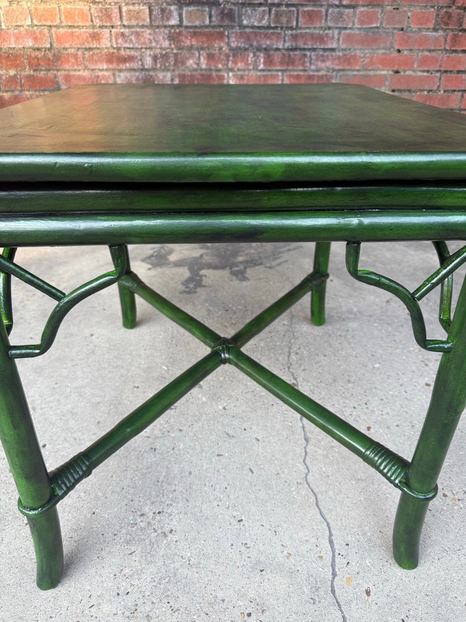 Vintage Mid Century Rattan Side Table With Deep Verdant Lacquer Finish - Newly Painted - 7