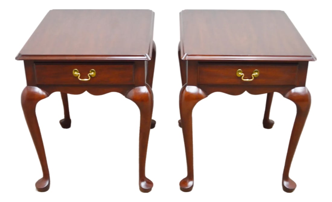 Henkel Harris Mahogany Side Tables a Pair: Side Tables by Henkel Harris. Store item #527. It features one dovetailed drawer and brass hardware. Condition: Alterations: Original Condition Unaltered Imperfections: Some Imperfections Condition No
