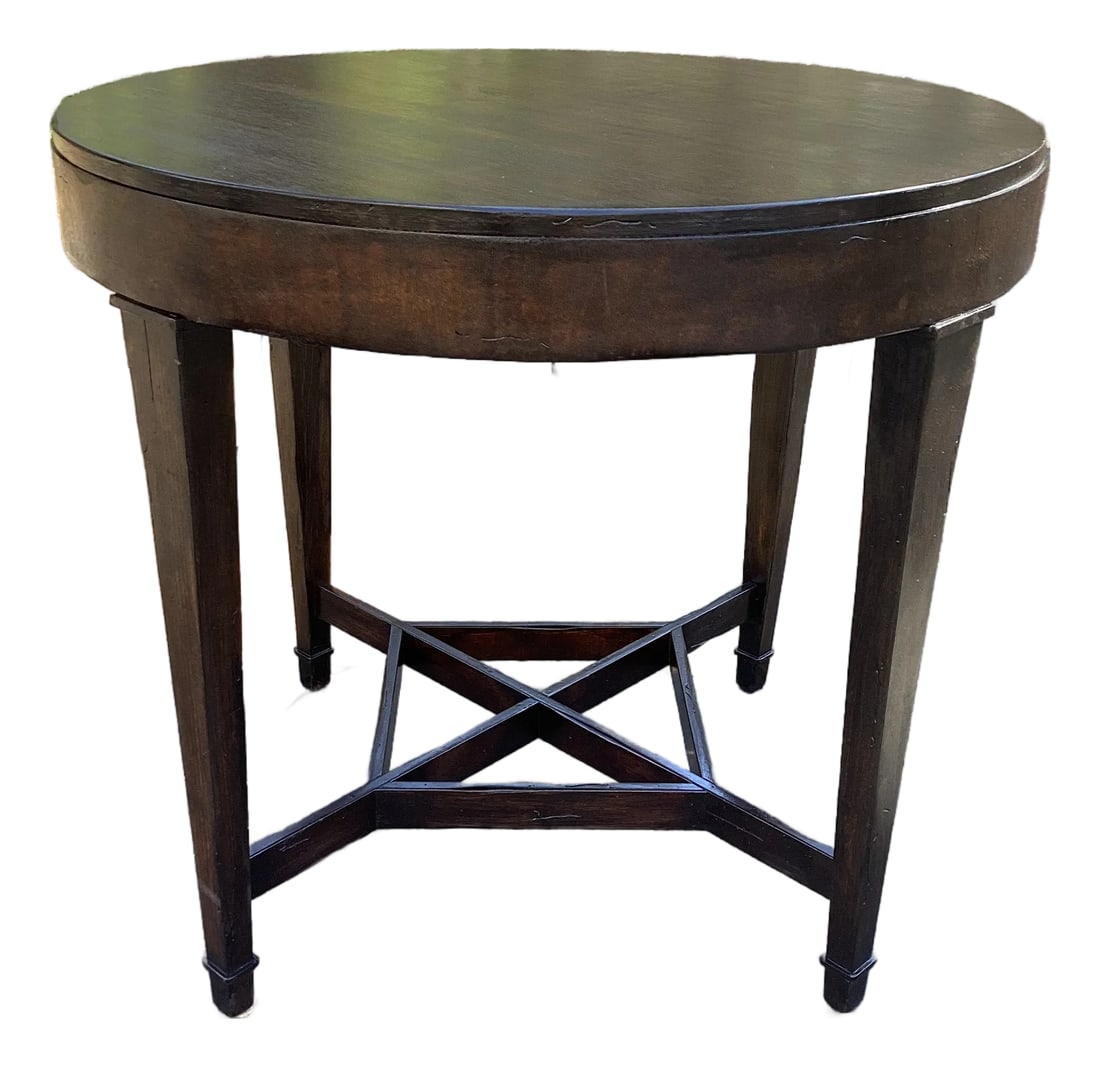Milling Road Baker Furniture Tea Table or Occasional Side Table: Fully restored table features mahogany solids and cherry veneers. Slightly distressed finish with a cross detail and tapered legs, this table works in traditional or transitional homes. The table meas