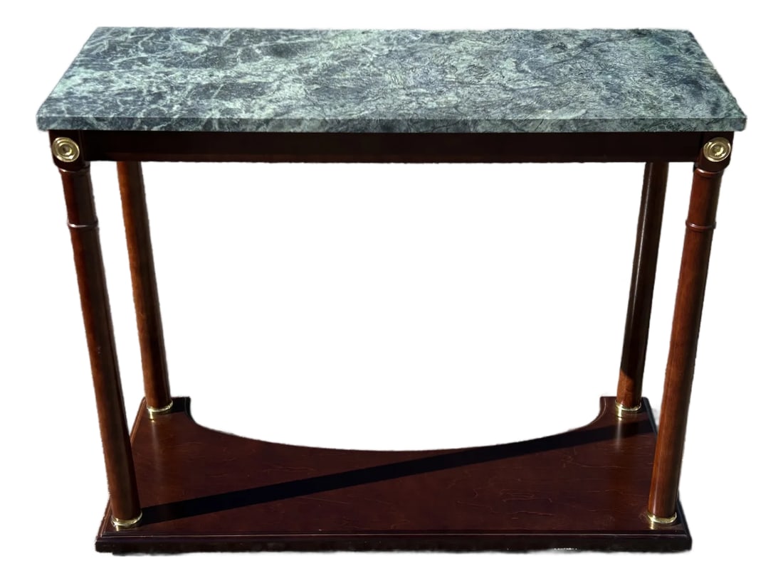 Vintage Regency-Style Console Table With Green Marble Top Attributed to Bombay Company: Vintage Regency-Style Console Table with Green Marble Top attributed to Bombay Company. Elevate your interior with this exquisite vintage Bombay Company Regency-style console table, a masterful blend 