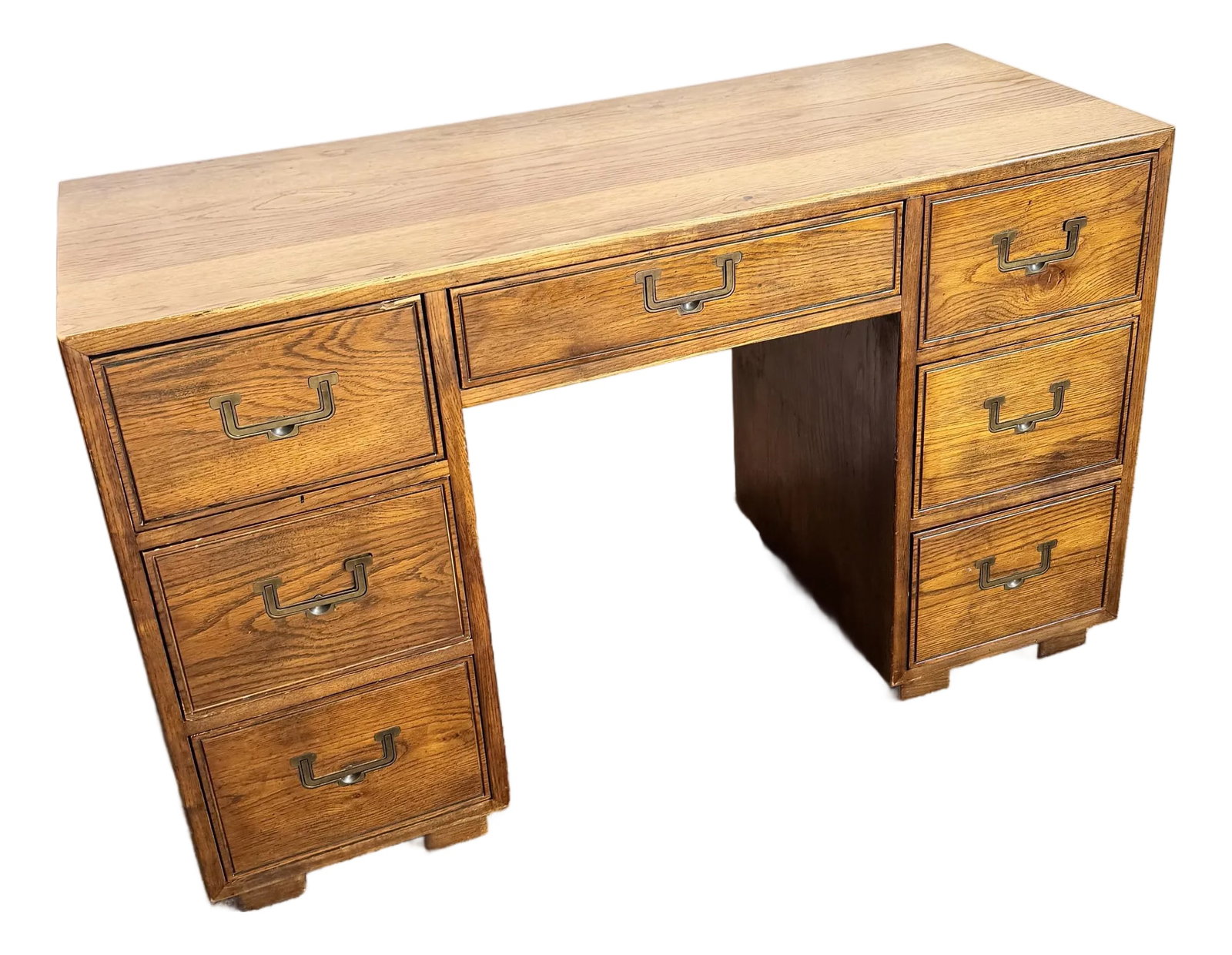 Campaign "Artefacts" Desk by Henredon: This vintage Campaign "Artefacts" desk by Henredon brings timeless craftsmanship and understated elegance to any refined interior. Crafted in warm, beautifully grained wood, it features classic