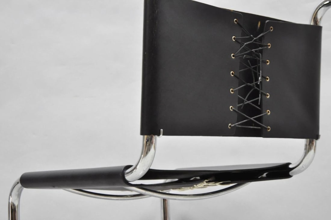 Vintage Marcel Breuer Black Leather Corset Back B33 Chrome Side Chair Attr Knoll - 12