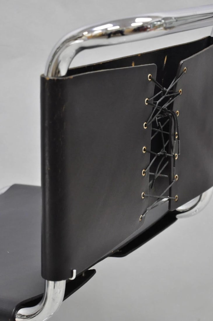 Vintage Marcel Breuer Black Leather Corset Back B33 Chrome Side Chair Attr Knoll - 13