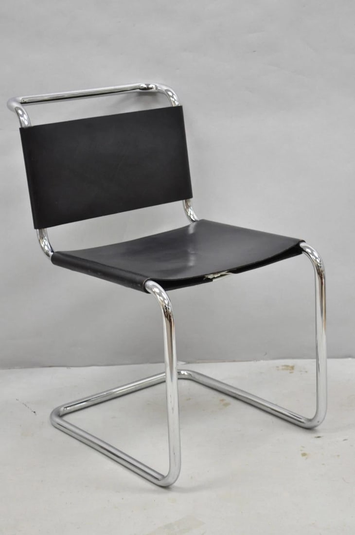 Vintage Marcel Breuer Black Leather Corset Back B33 Chrome Side Chair Attr Knoll - 15