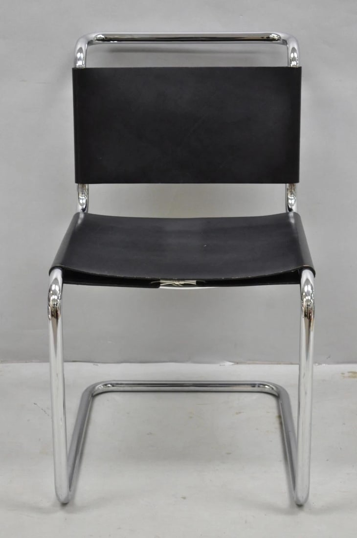 Vintage Marcel Breuer Black Leather Corset Back B33 Chrome Side Chair Attr Knoll - 2