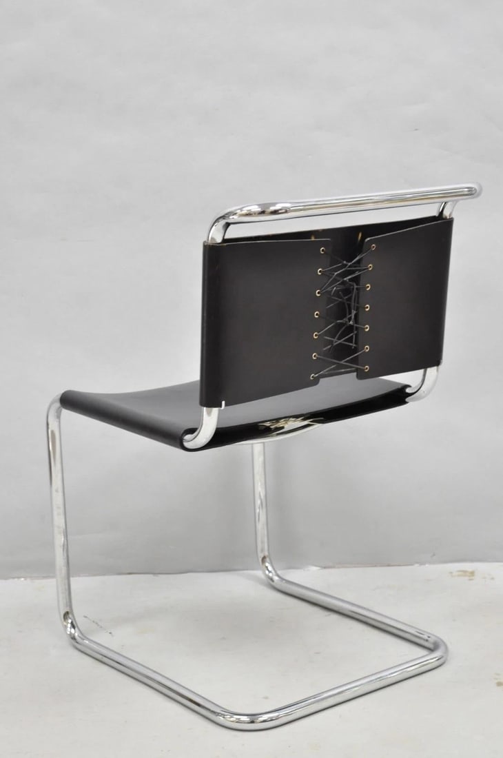 Vintage Marcel Breuer Black Leather Corset Back B33 Chrome Side Chair Attr Knoll - 3