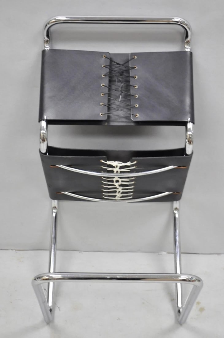 Vintage Marcel Breuer Black Leather Corset Back B33 Chrome Side Chair Attr Knoll - 4