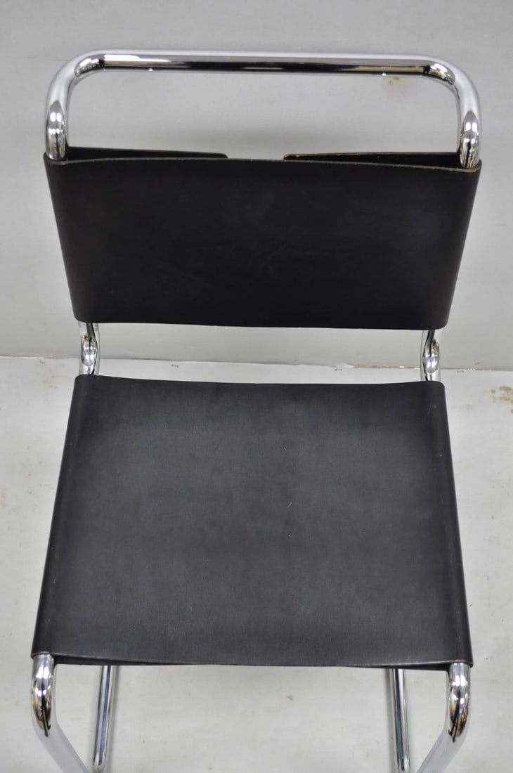 Vintage Marcel Breuer Black Leather Corset Back B33 Chrome Side Chair Attr Knoll - 5