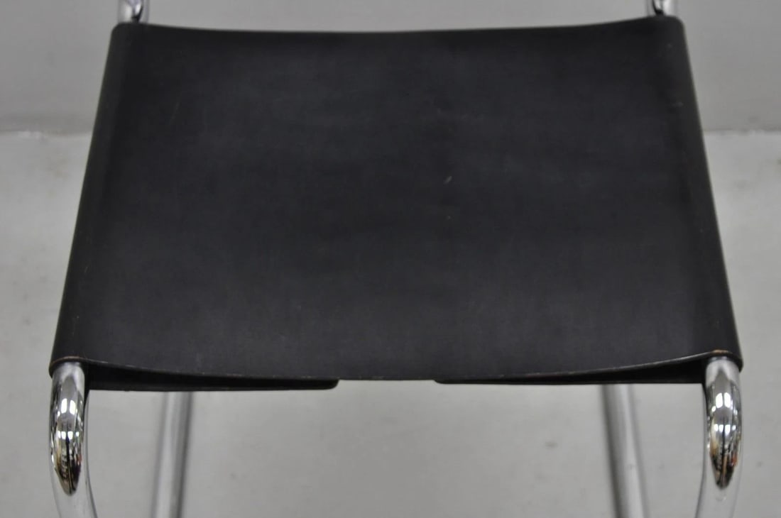 Vintage Marcel Breuer Black Leather Corset Back B33 Chrome Side Chair Attr Knoll - 8