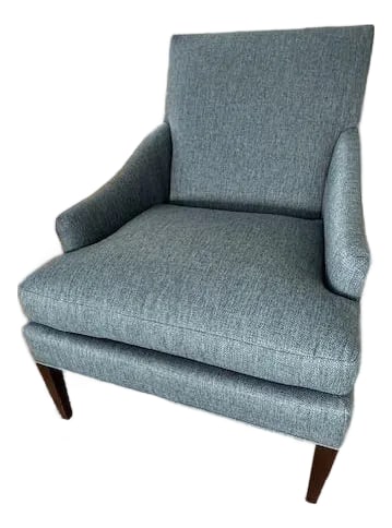 Maud Lounge Chair by Hickory Chair: The Maud is a classically inspired lounge chair with personality by Hickory Chair. Serpentine details distinguish the arms as well as the back legs. Soft, textured blue upholstery in a muted
