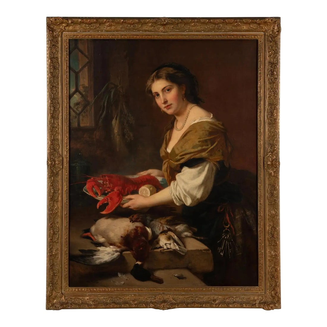 A Magnificent Oil Painting "A Dainty Bit" a Woman With Lobster and Game 1869: A Magnificent Oil Painting "A Dainty Bit" A Young Woman With Lobster and Game, by Otto Meyer (German, 1839-1868) Oil on canvas with original gilt-wood frame. A truly magnificent quality painting and