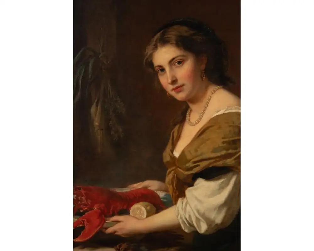 A Magnificent Oil Painting "A Dainty Bit" a Woman With Lobster and Game 1869 - 6