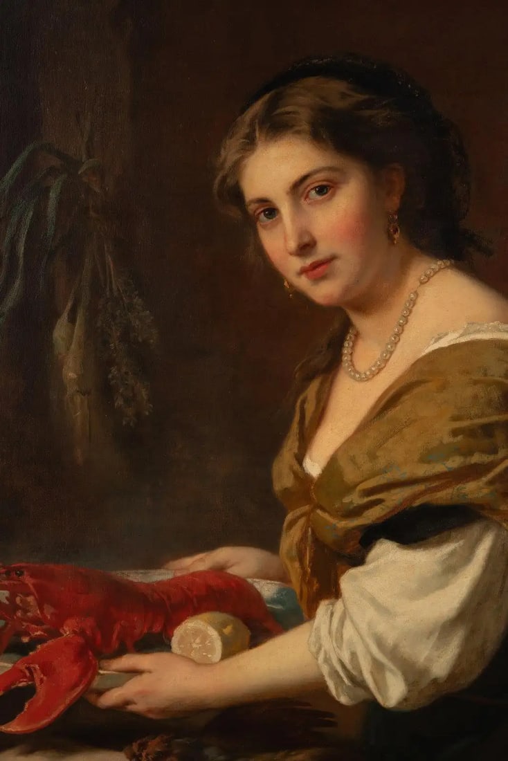 A Magnificent Oil Painting "A Dainty Bit" a Woman With Lobster and Game 1869 - 7