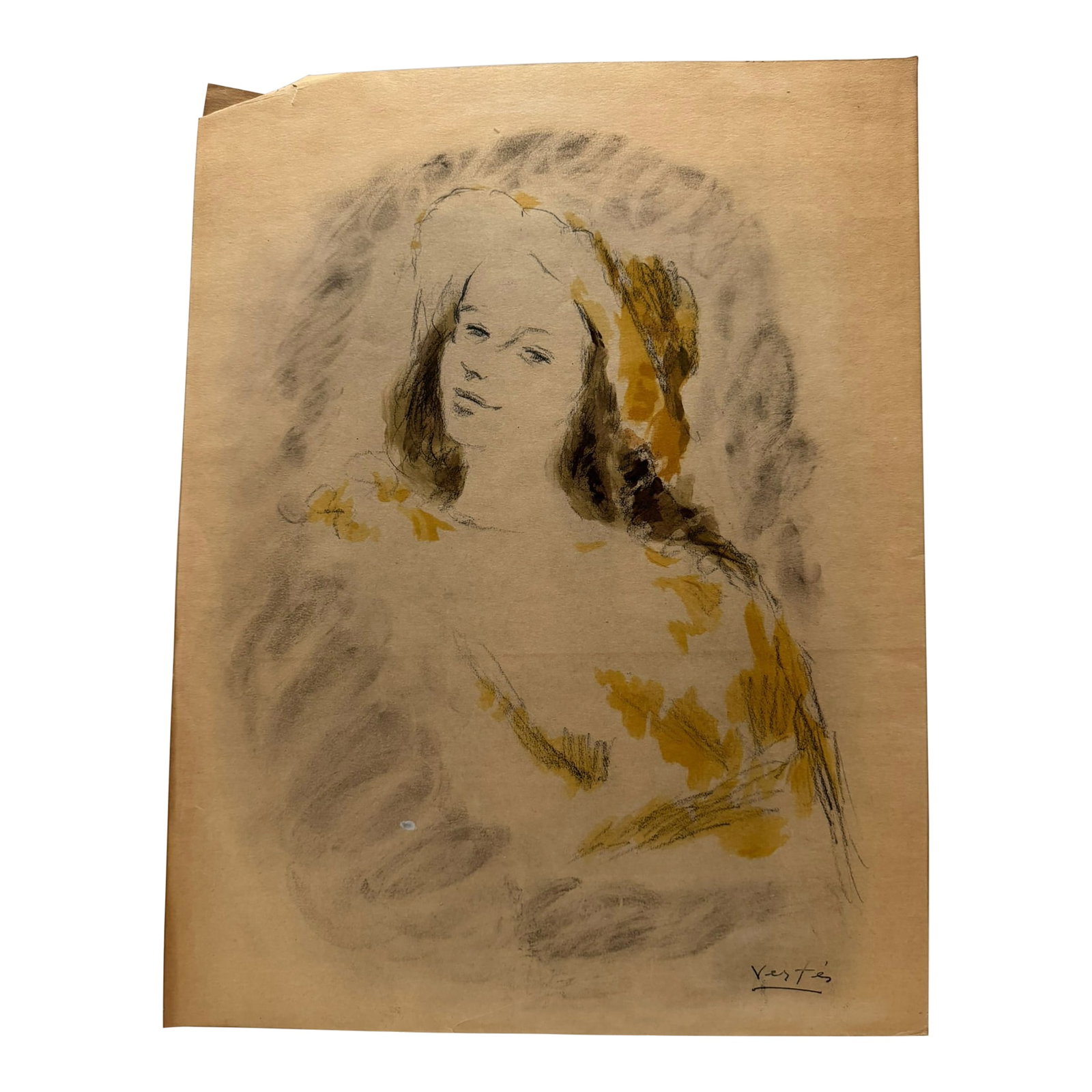 Mid 20th Century Andre Vertes Attributed Original Drawing Female Portrait Mixed Media on Paper: Original drawing attributed to Andre Vertes. Expressive female portrait rendered in charcoal or graphite with warm yellow wash on toned paper. Loose, confident line with soft atmospheric shading