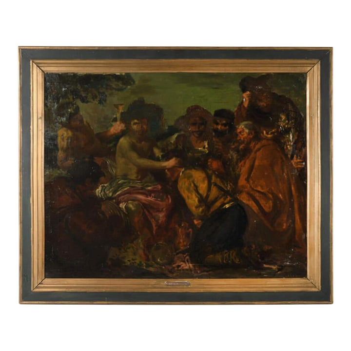 Antique Framed "The Triumph of Bacchus" After Diego Velazquez Oil on Canvas: Own a timeless piece of classical artistry with this Antique Framed "The Triumph of Bacchus" After Diego Velazquez Oil on Canvas, a masterfully rendered homage to one of Spain's most celebrated painte