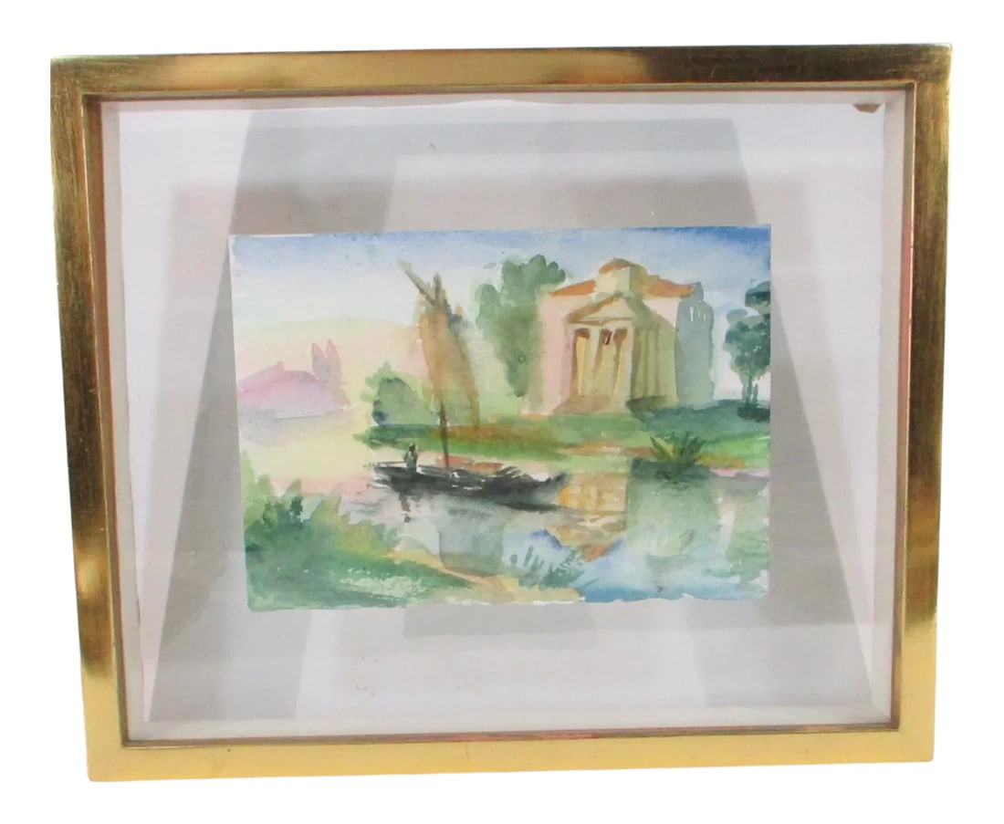 1986 Plein Air Architectural Landscape Watercolor Painting by Robert Huber, Framed: Robert Huber American working/teaching in Venice, Italy. Small watercolor mounted between two sheets of glass in hand-made gold leafed frame. Floating in light with signature and date 5-16-86. The siz