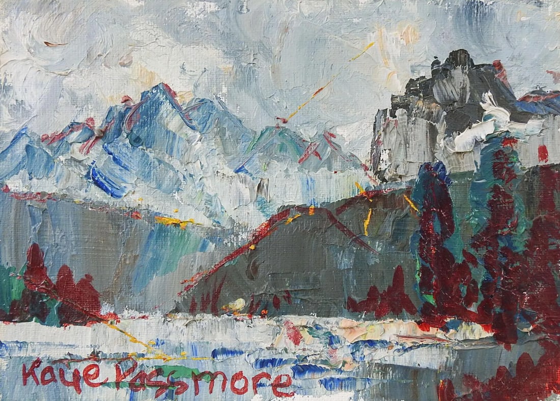 Small Vintage Modernist Blue Mountain Landscape Painting: Vintage modernist mountian landscape painting. Signed Kaye Passmore lower left corner. Unframed, edge wear. Condition: Alterations: Original Condition Unaltered Imperfections: Some Imperfections