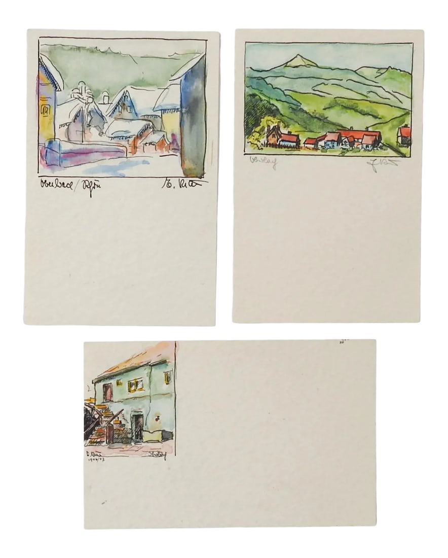 Tiny Mid Century European Villages Watercolor Paintings - Set of 3: Set of 3 tiny watercolor paintings on cream cardstock paper. Mountain landscape, winter village and rustic house. Each signed illegibly. Unframed, largest image size 2.5" x 2.25". Condition: