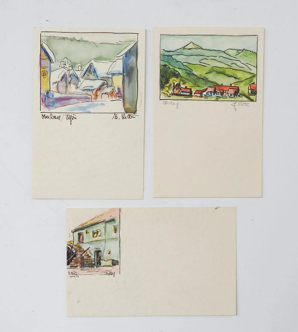 Tiny Mid Century European Villages Watercolor Paintings - Set of 3 - 5