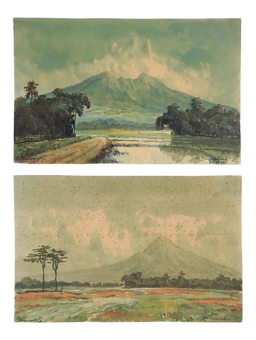 Vintage Indonesian Watercolor Landscape Paintings - a Pair: Pair of small vintage watercolor on paper Indonesian landscape paintings. Signed Soewardja with locale name along lower edge. Unframed, age toning, one has considerable foxing. Condition: