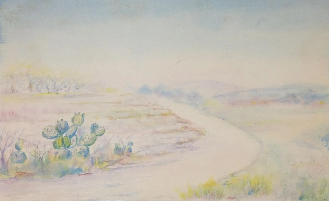 Antique Plein Air Watercolor Landscape Painting With Cactus: Antique circa 1910 watercolor on paper landscape with cactus painting. Unsigned. Unframed, age toning. Condition: Alterations: Original Condition Unaltered Imperfections: Some Imperfections Condition