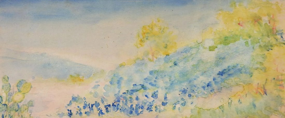 Small Antique Plein Air Cactus & Bluebonnets Landscape Watercolor Painting (1 of 3)