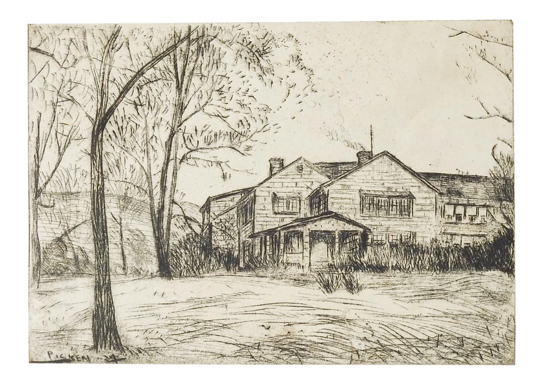 Vintage Farmhouse Etching: Vintage etching on paper of farmhouse by George Picken (1898-1971) circa 1927. Signed inplate lower left corner. Titled illegibly in pencil lower right margin. Unframed, corner creasing, repair lower 