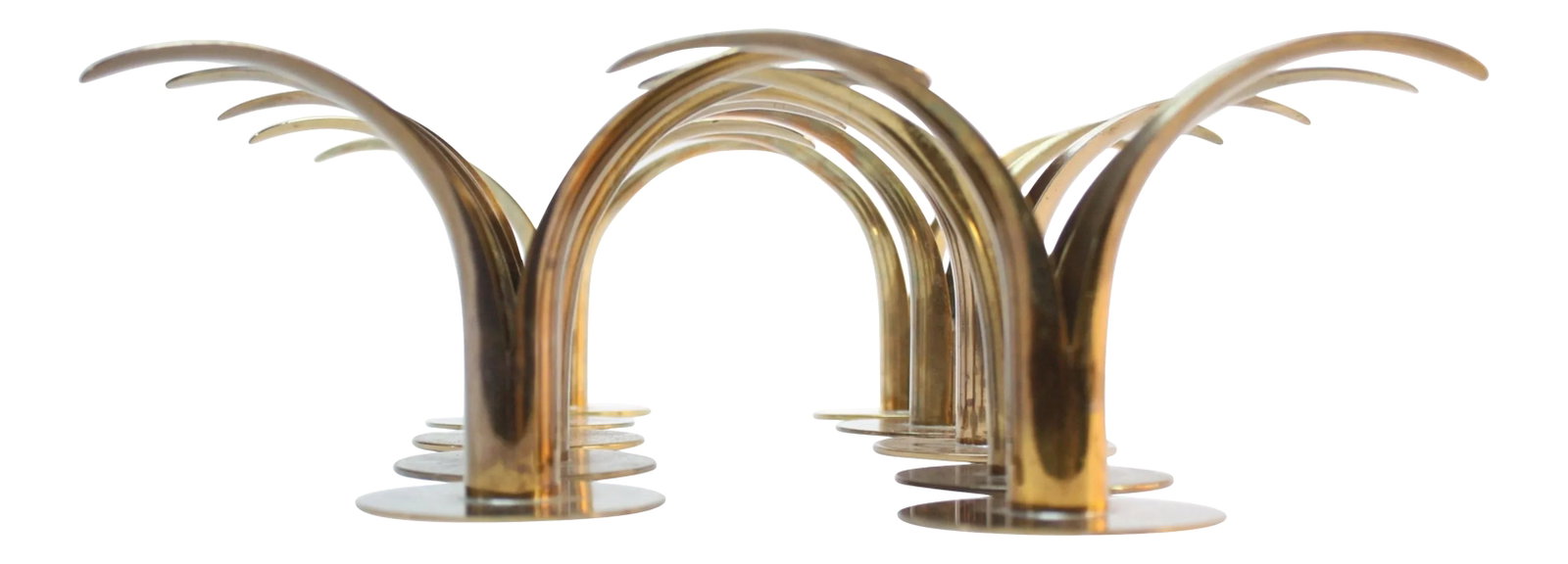 Swedish 'Liljan' Brass Candleholders by Ystad - Set of 10: Five pairs of "Liljan" brass candleholders by Ivar Alenius Bjork. Though identical in size, each pair differs slightly in patina and branding (likely based on production period variance). Each pair