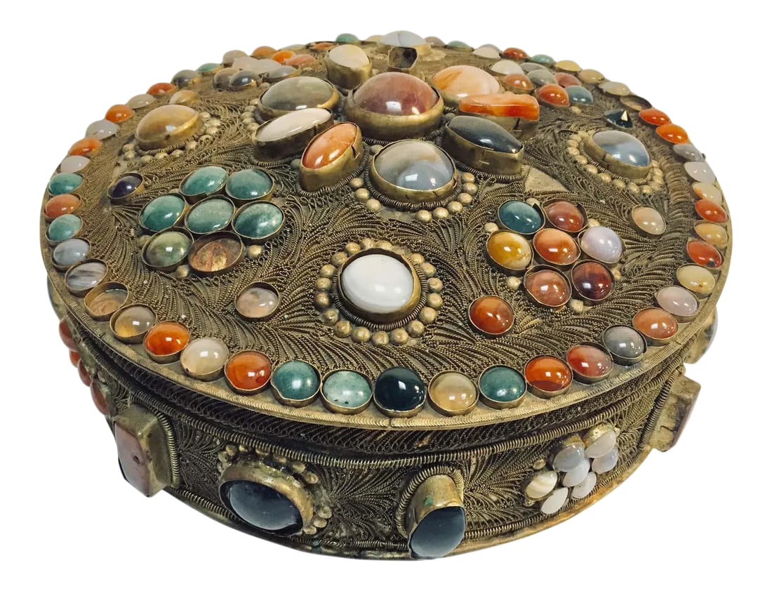 Vintage Moorish Agate Inlaid Wedding Jewelry Dressing Box: Large vintage Moroccan wedding jewelry box inlaid with semi-precious agate stones and covered with brass and silvered metal filigree. Large circular Moorish Middle East jewelry dressing box, very