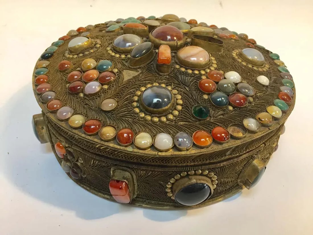Vintage Moorish Agate Inlaid Wedding Jewelry Dressing Box - 6