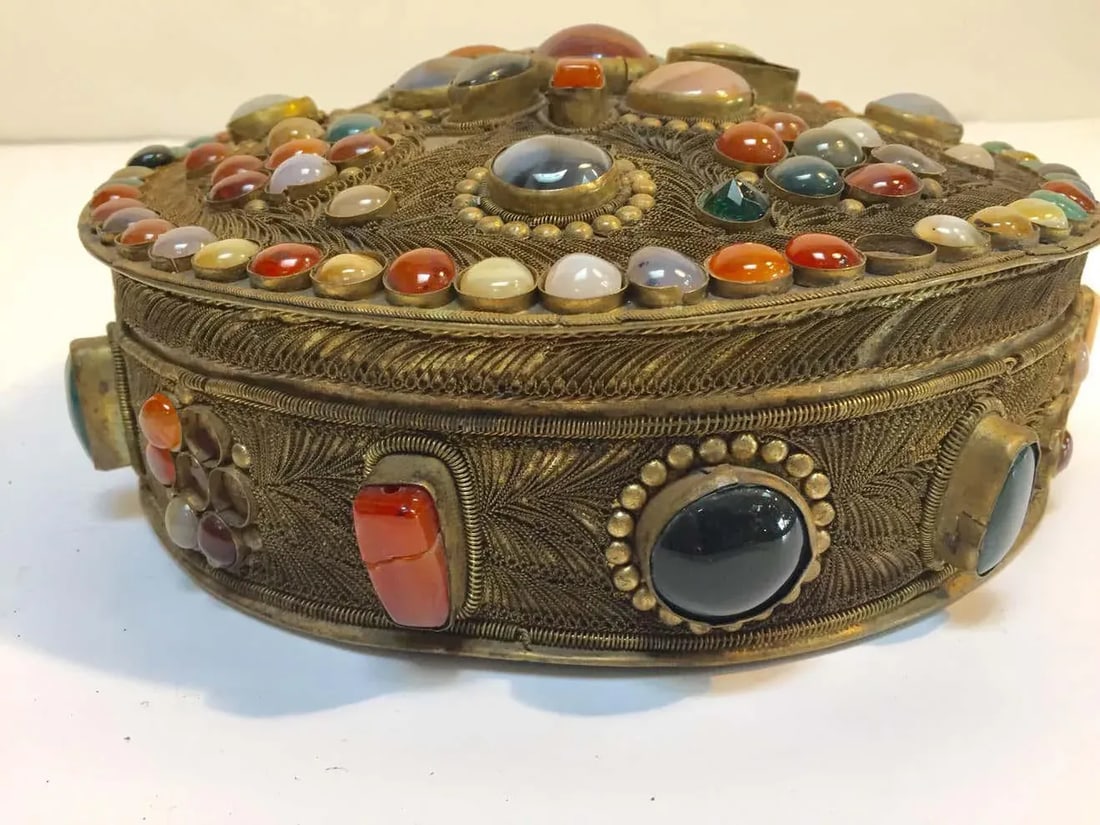 Vintage Moorish Agate Inlaid Wedding Jewelry Dressing Box - 7
