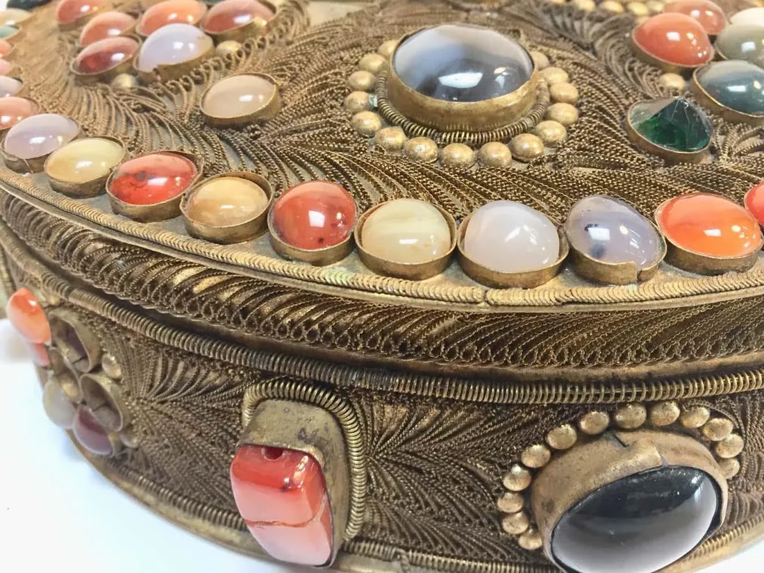 Vintage Moorish Agate Inlaid Wedding Jewelry Dressing Box - 8