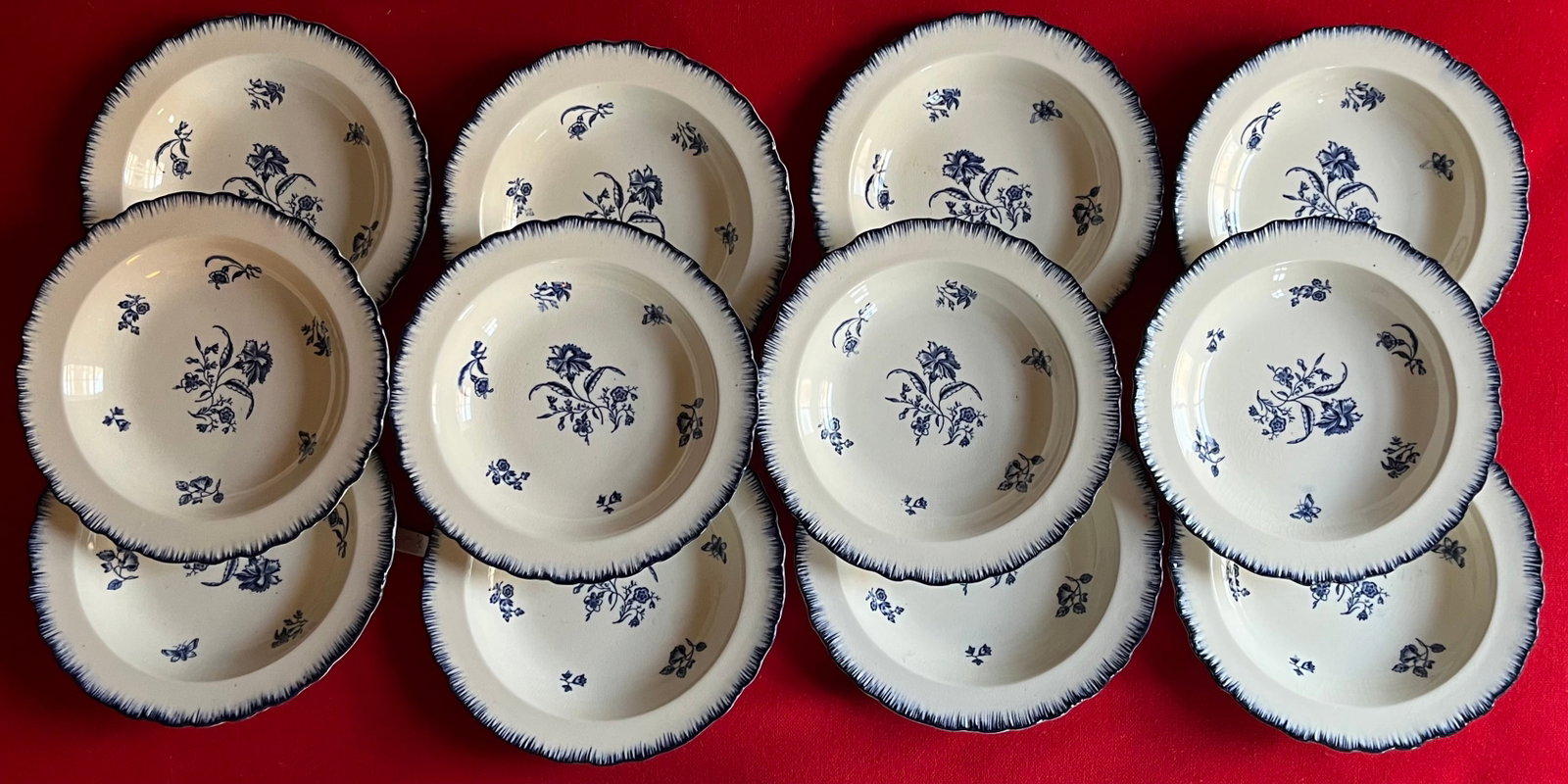 Antique Early 20th C. English Blue & White Cauldon Porcelain Soup Bowls in the Gillyflower Pattern f - 17