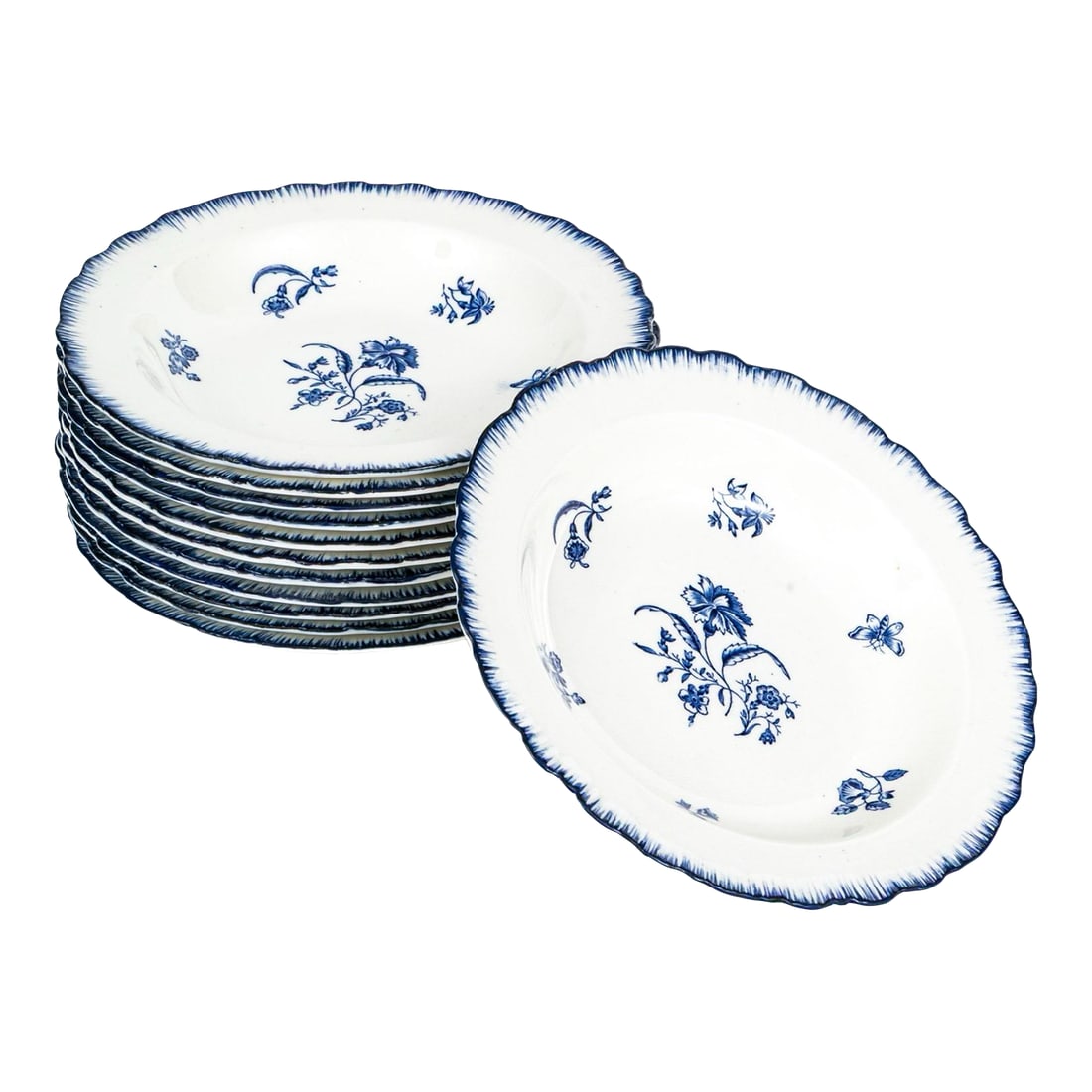 Antique Early 20th C. English Blue & White Cauldon Porcelain Soup Bowls in the Gillyflower Pattern f: Set 12 antique early 20th century English blue and white Cauldon china soup bowls in the gillyflower sprig pattern with feather edge rims. Retailed by W. H. Plummer, New York. Measure 9" diameter. Goo