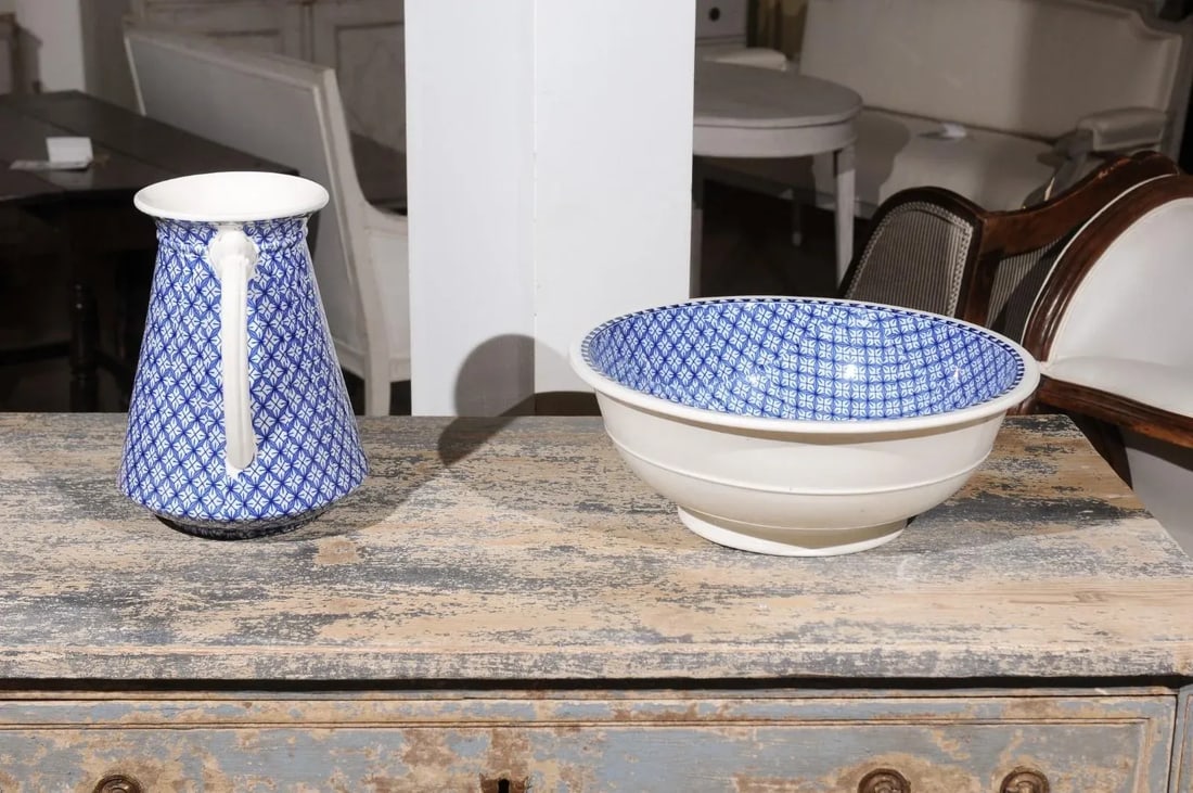 Westhead, Moore & Co. Valletta English Blue & White Brown Wash Basin- 2 Pieces - 7