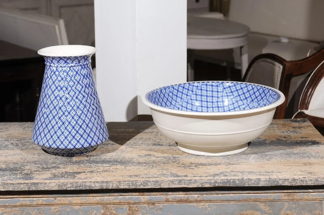 Westhead, Moore & Co. Valletta English Blue & White Brown Wash Basin- 2 Pieces - 9