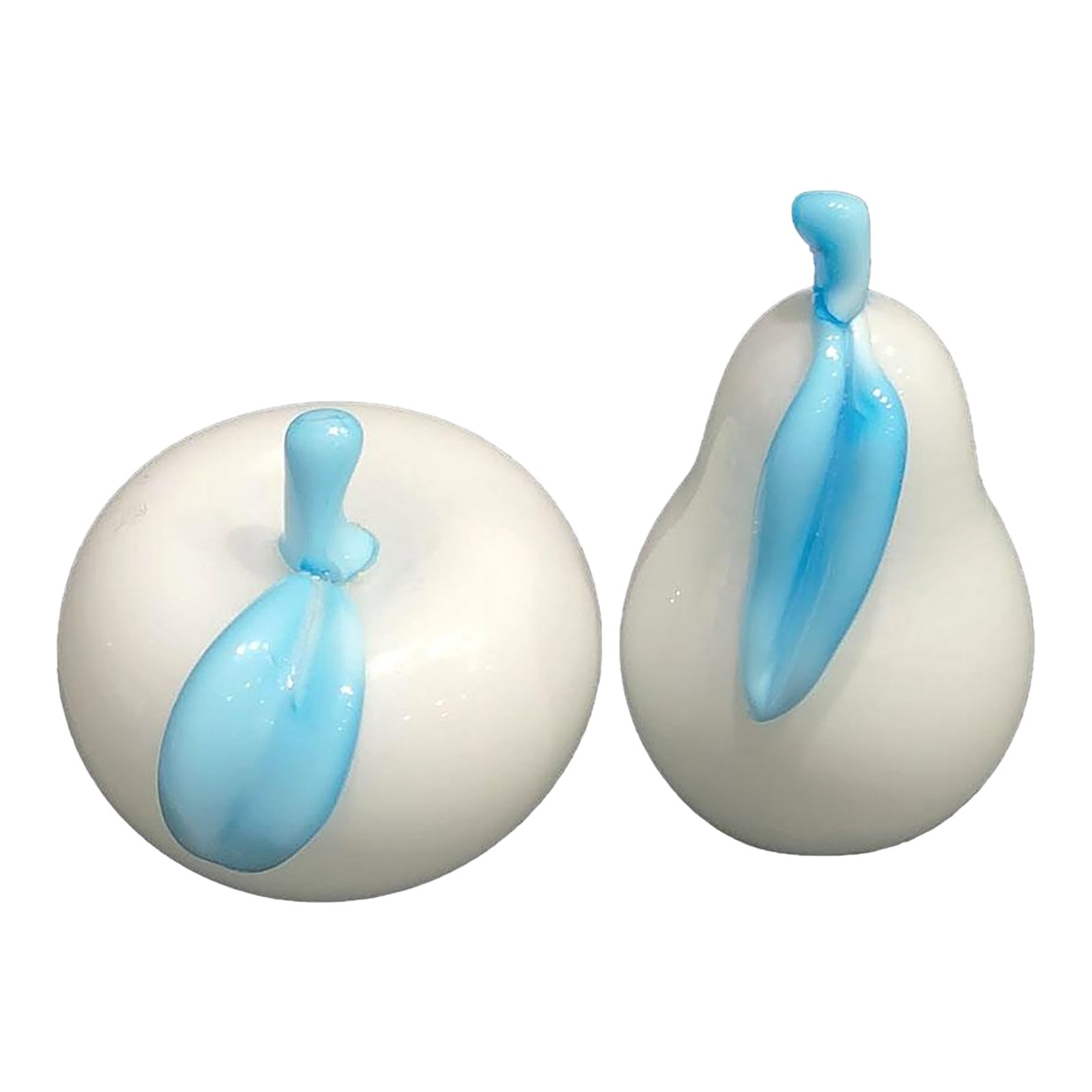 Murano Italian White Sky Art Glass Pear & Apple - Decor - Paperweights: AI Overview This is a set of Murano white and sky blue Italian art glass pear and apple fruit sculptures. These are vintage, hand-blown art glass pieces, likely from the mid-20th century. The white