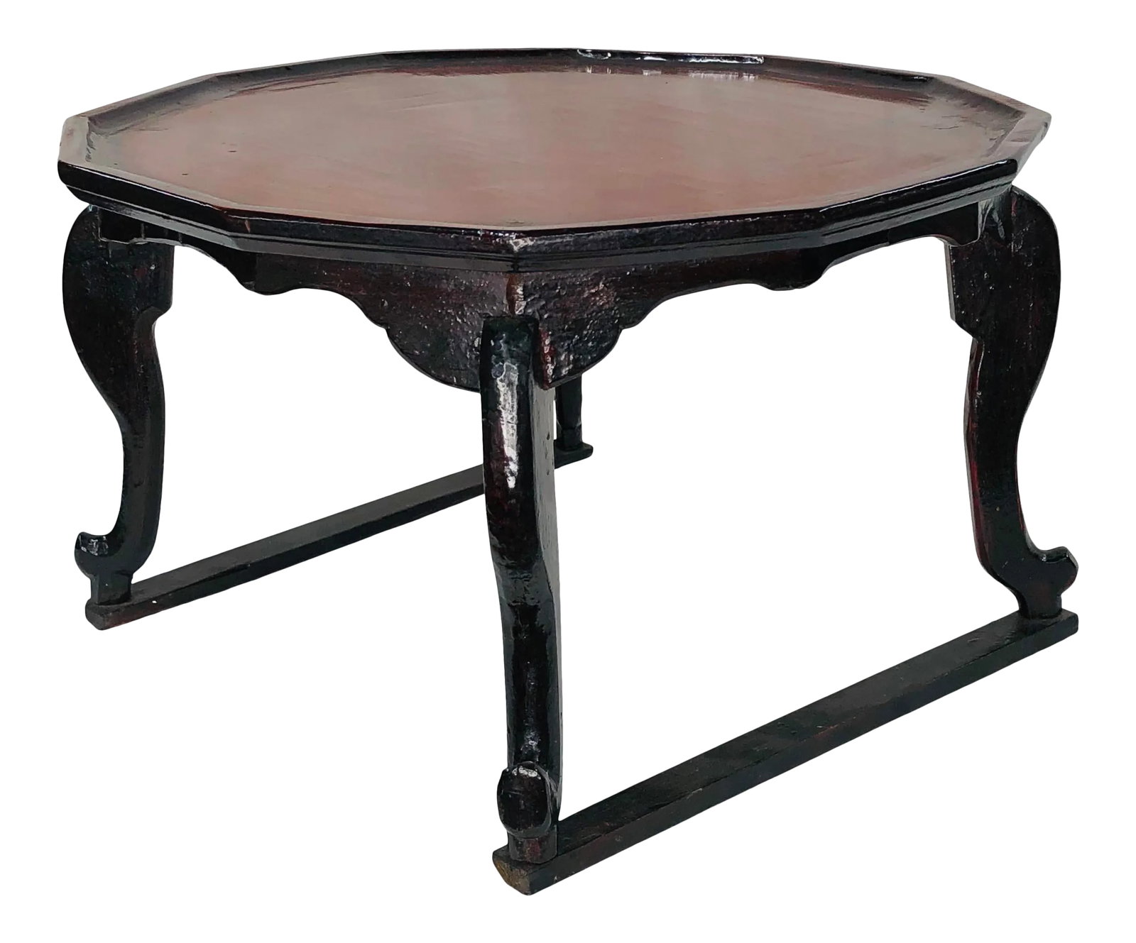 Late 20th Century Chinoiserie Bed Serving Tray: Chinoiserie bed or serving tray with polygon shaped top. Appears to be lacquered mahogany. Finish is as shown in pictures. Signed by maker in Asian characters. See pictures. Could be older than stated